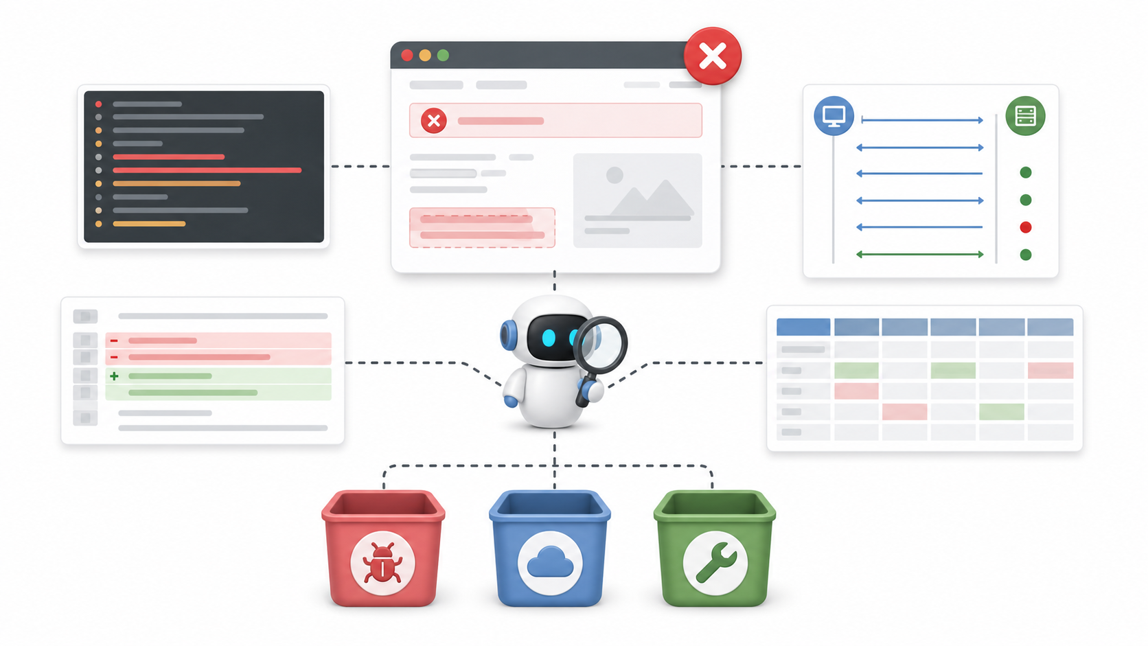 A failed-test triage illustration: the failed browser test is in the center, surrounded by logs, network requests, code diff, and test data. AI groups the evidence into product bug, environment issue, and stale script.