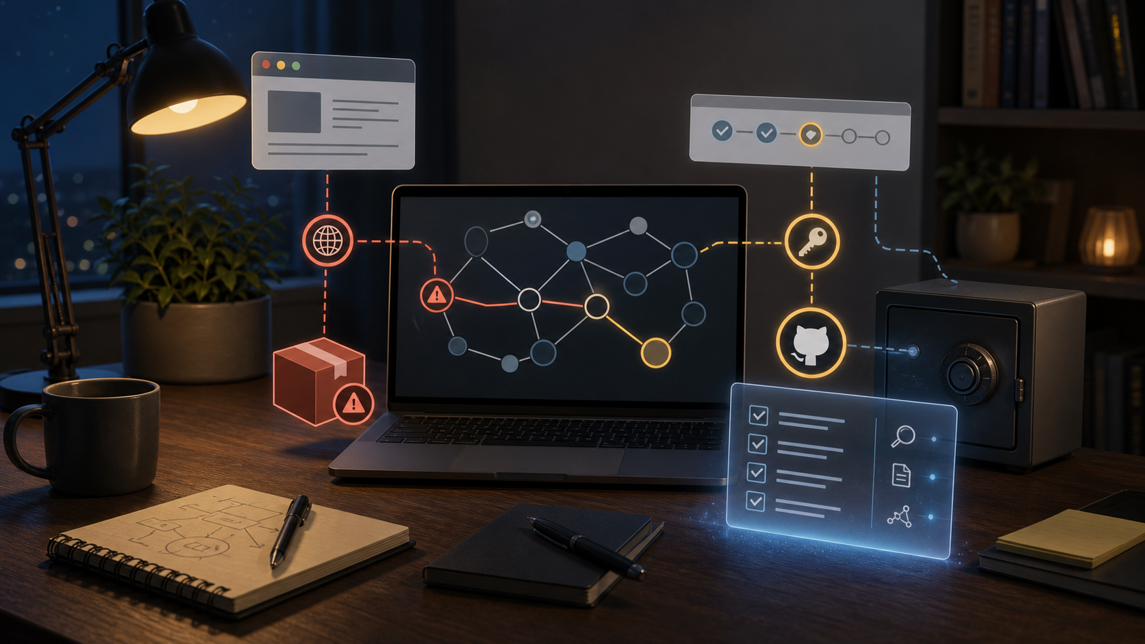 A night-time engineering desk illustration: a laptop shows an abstract dependency graph, red traces connect a package and web link toward a credential vault, and an AI-generated checklist organizes the investigation.