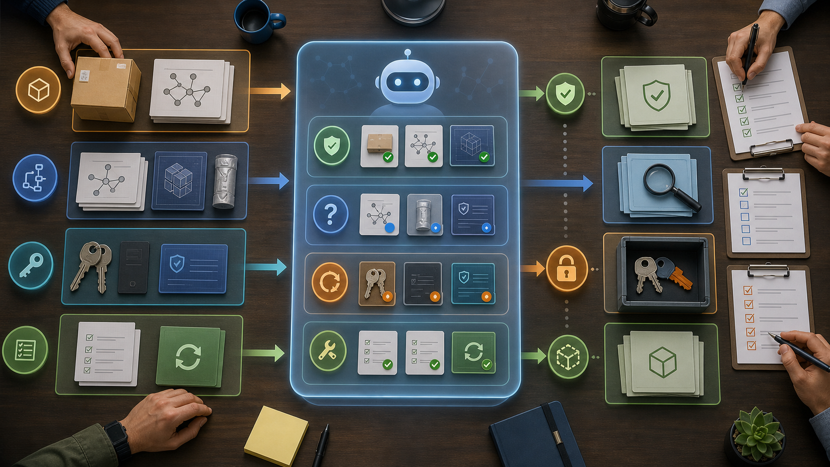 A top-down engineering workbench illustration: lockfiles and package boxes on the left, an AI triage panel in the center, and a credential vault, magnifier, and checklist on the right, showing the path from evidence to rotation and rebuild.