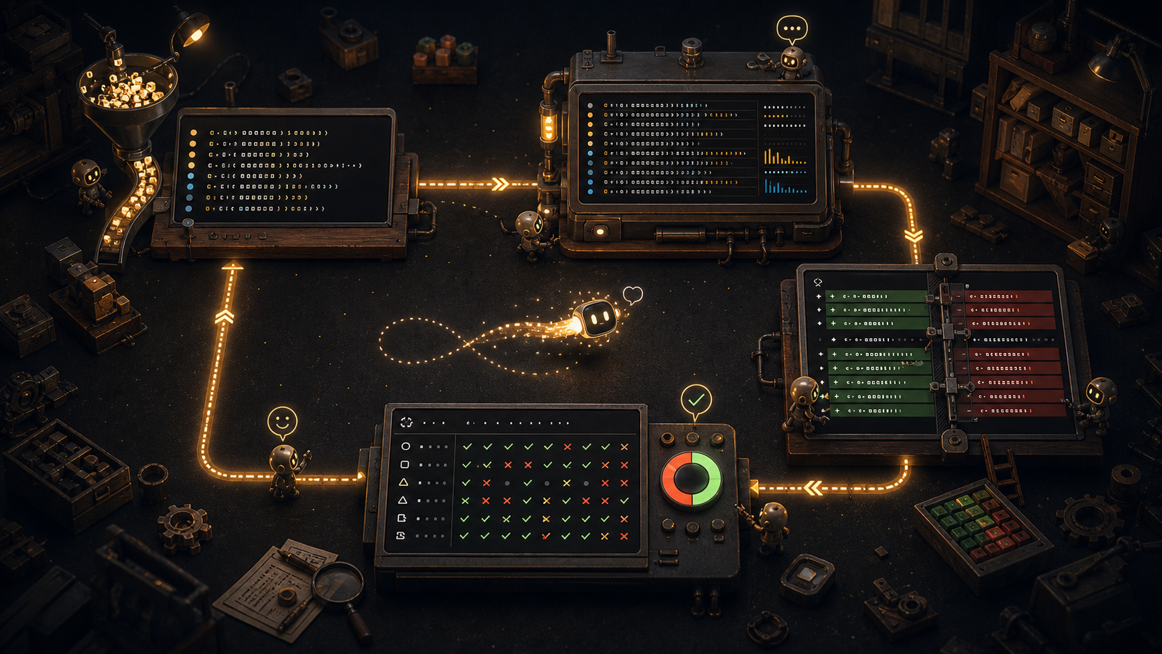 A playful terminal-workshop feedback loop: command rows, log output, diff blocks, and test-result grids connected by a luminous path, with a small cursor companion moving through the loop as the agent acts, observes, verifies, and corrects.