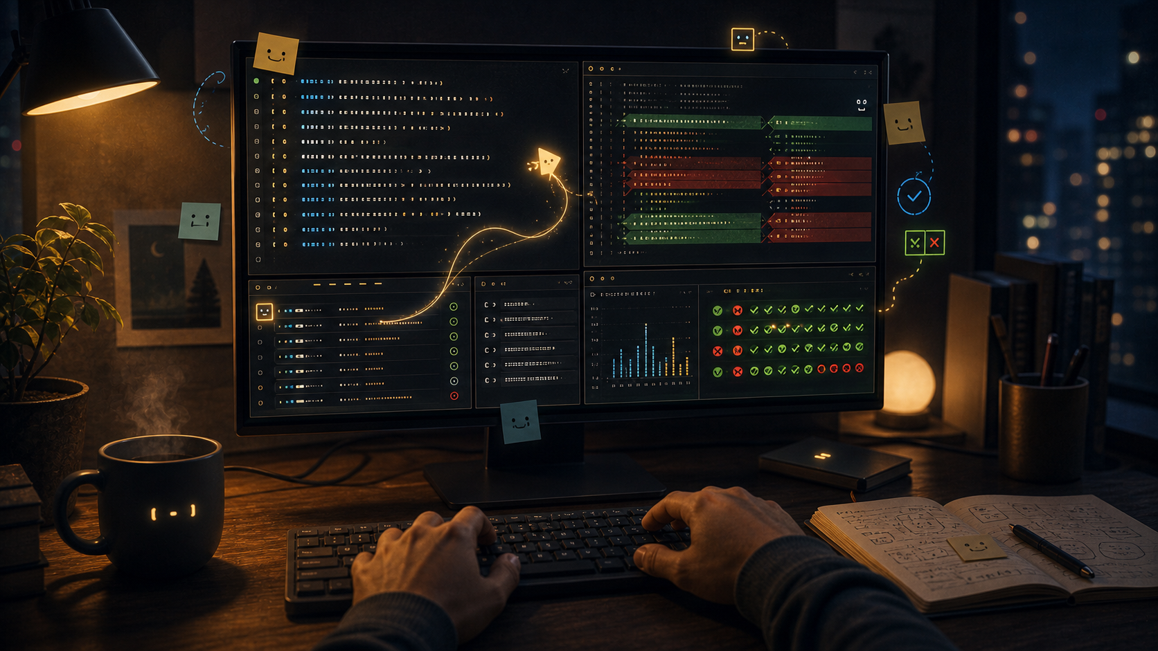 A night-time engineering workspace illustration: a paneled terminal, logs, test output, and diff views, with a small glowing cursor moving through the screen while coffee, sticky notes, and human hands make the terminal feel like a shared workbench.
